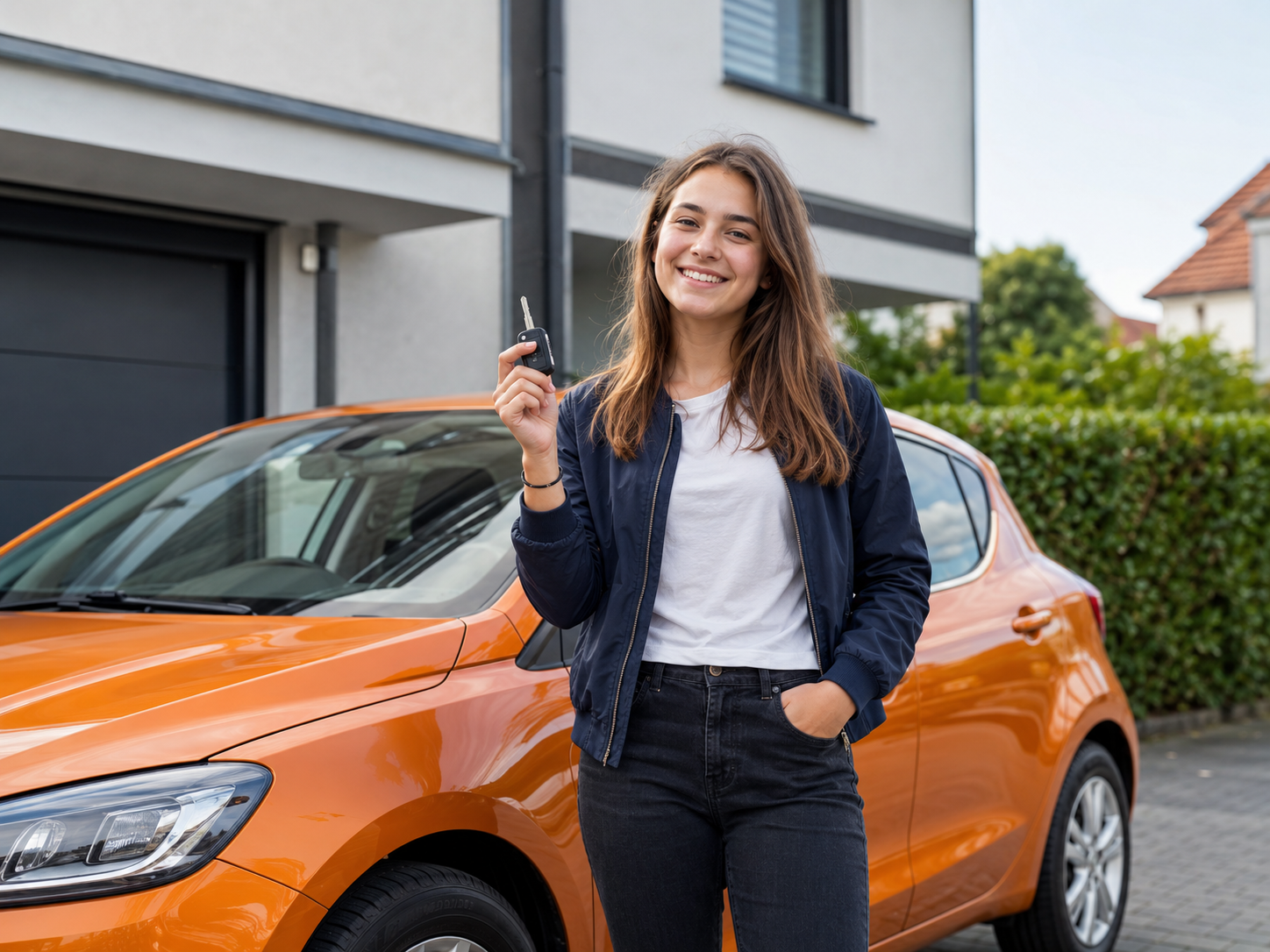 Junge Fahranfängerin mit Autoschlüssel neben orangefarbenem Auto