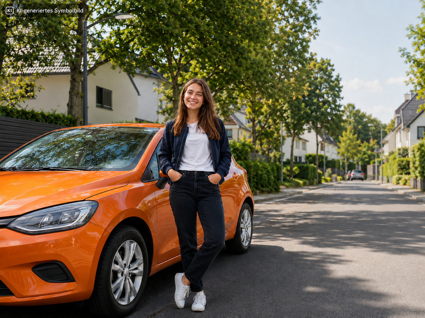 Vollständig KI-generiertes Symbolbild: Fahranfängerin steht neben ihrem ersten orangefarbenen Auto